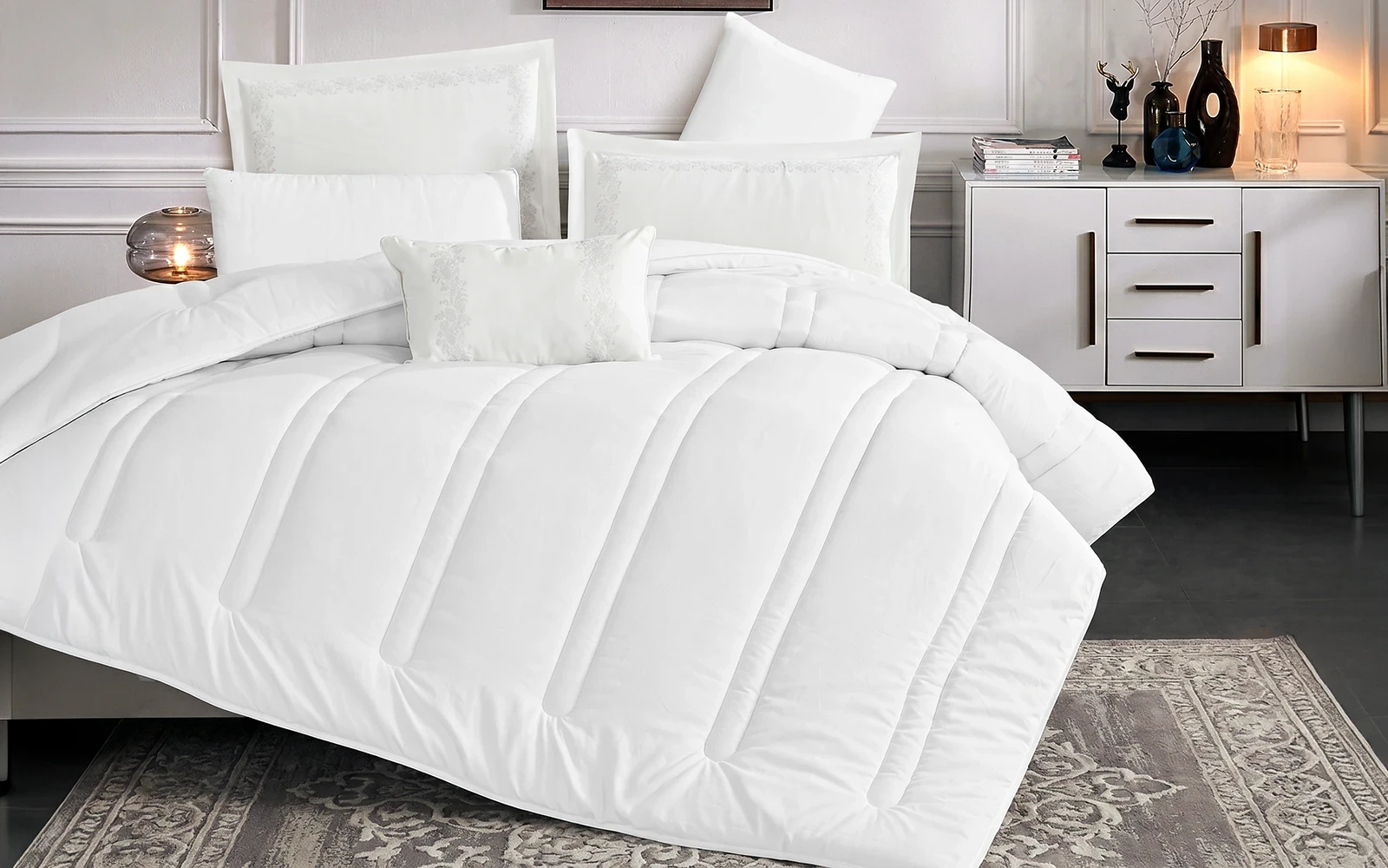 Stark Stripe Comforter Bedding Set 6 PCS - Queen White