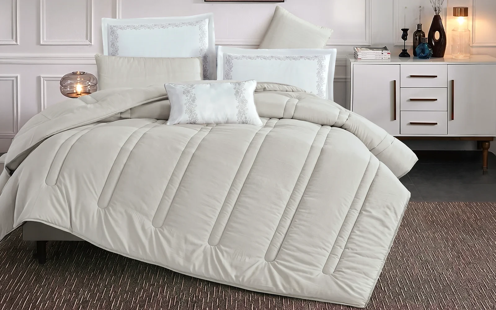 Stark Stripe Comforter Bedding Set 6 PCS - Queen Beige
