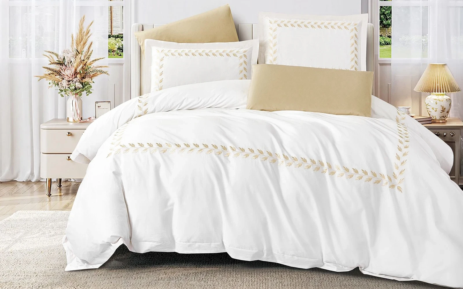 Aion Cotton Embroidered Duvet Cover Set Without Filling 6 PCS - King White & D.Beige
