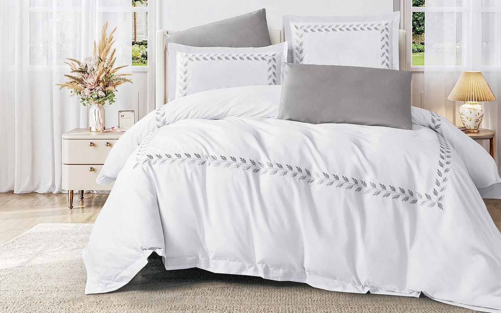 Aion Cotton Embroidered Duvet Cover Set Without Filling 6 PCS - King White & Grey