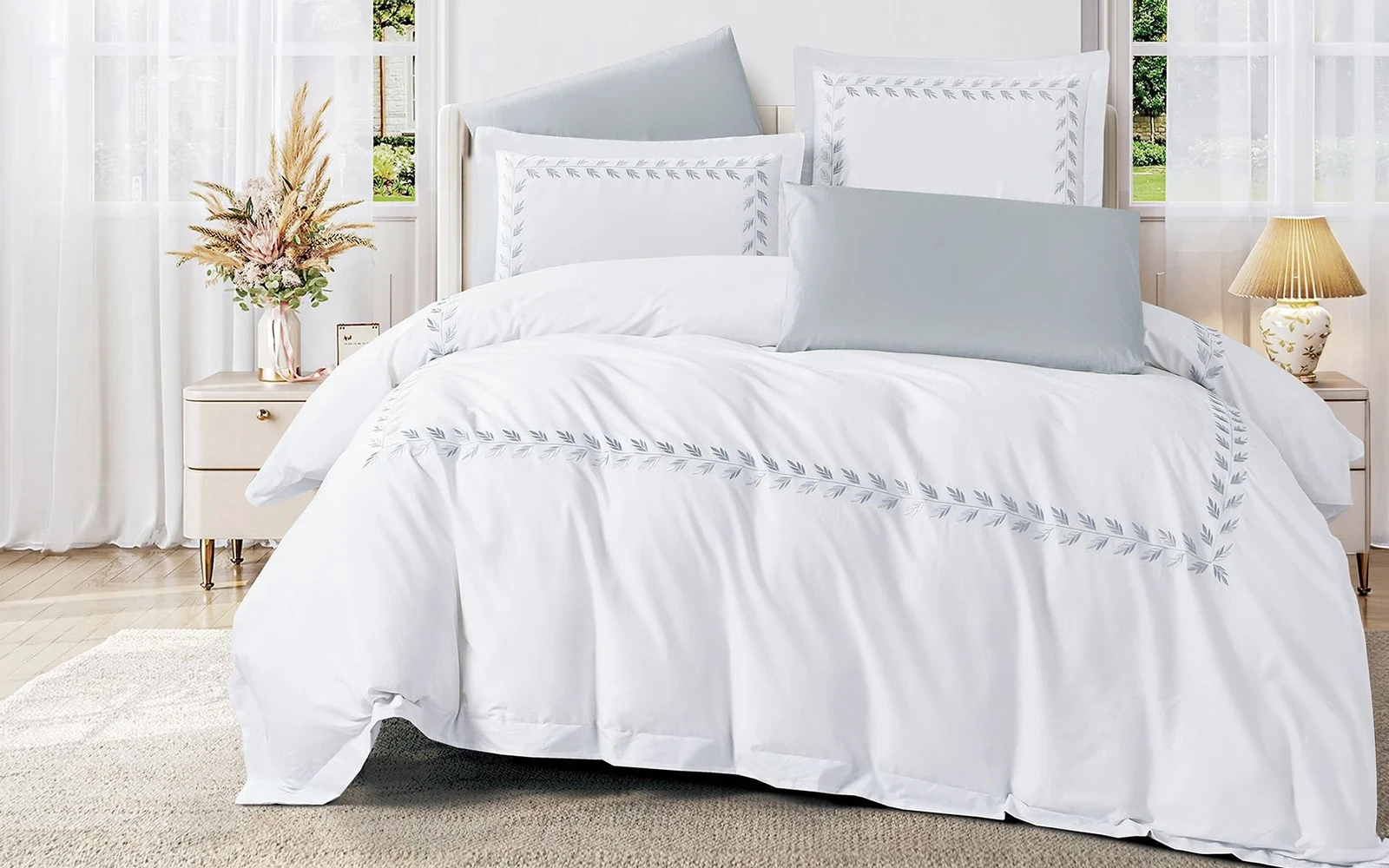 Aion Cotton Embroidered Duvet Cover Set Without Filling 6 PCS - King White & Silver