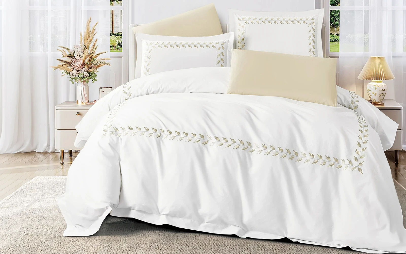 Aion Cotton Embroidered Duvet Cover Set Without Filling 6 PCS - King White & Beige