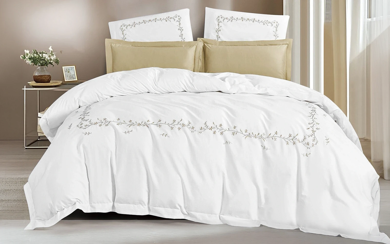 Lira Cotton Embroidered Duvet Cover Set Without Filling 6 PCS - King White & Beige