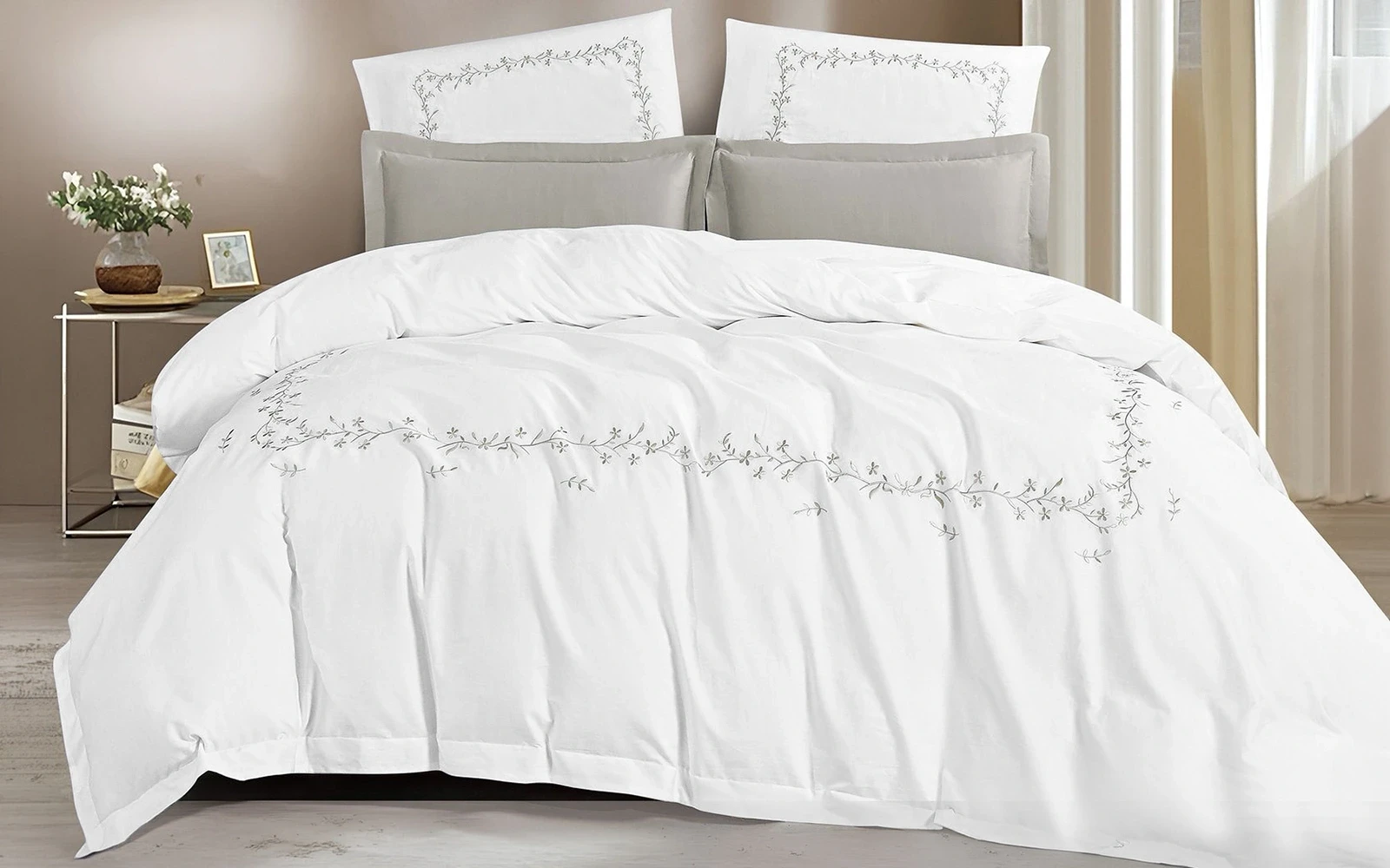 Lira Cotton Embroidered Duvet Cover Set Without Filling 6 PCS - King White & Grey