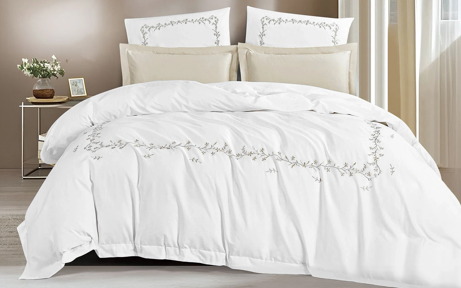 Lira Cotton Embroidered Duvet Cover Set Without Filling 6 PCS - King White & L.Beige