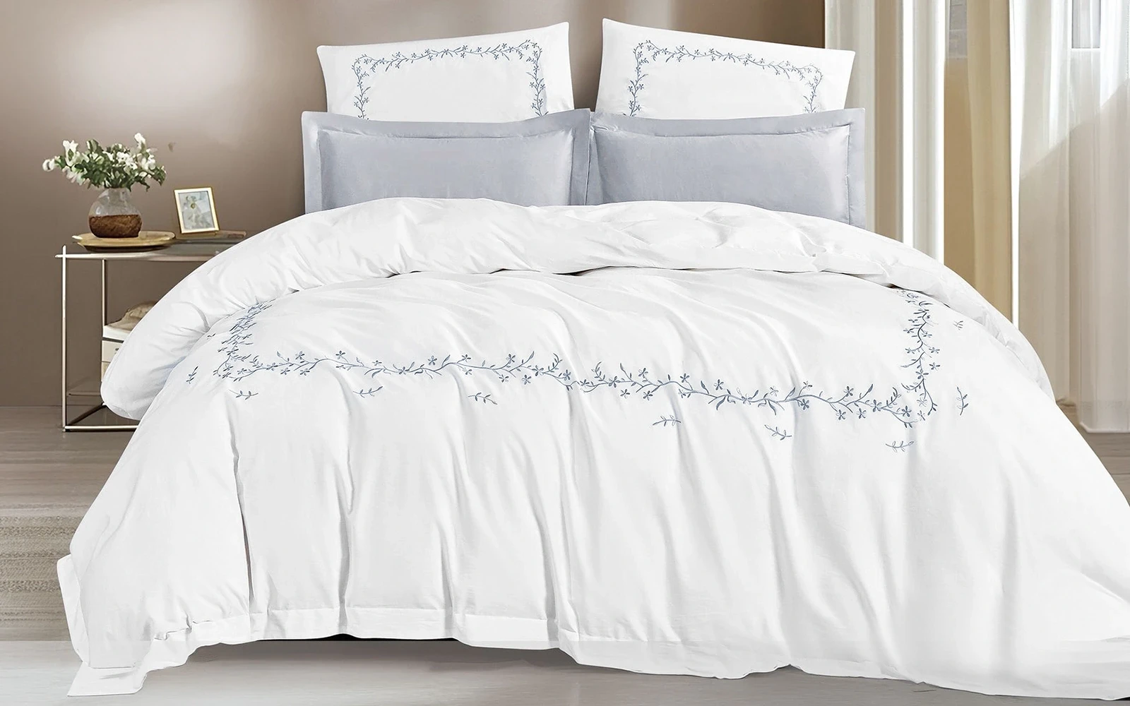 Lira Cotton Embroidered Duvet Cover Set Without Filling 6 PCS - King White & Silver
