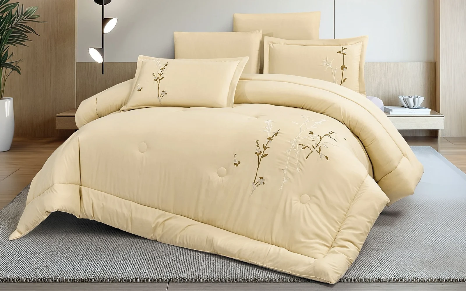 Dora Embroidered Comforter Bedding Set 6 PCS - King Beige