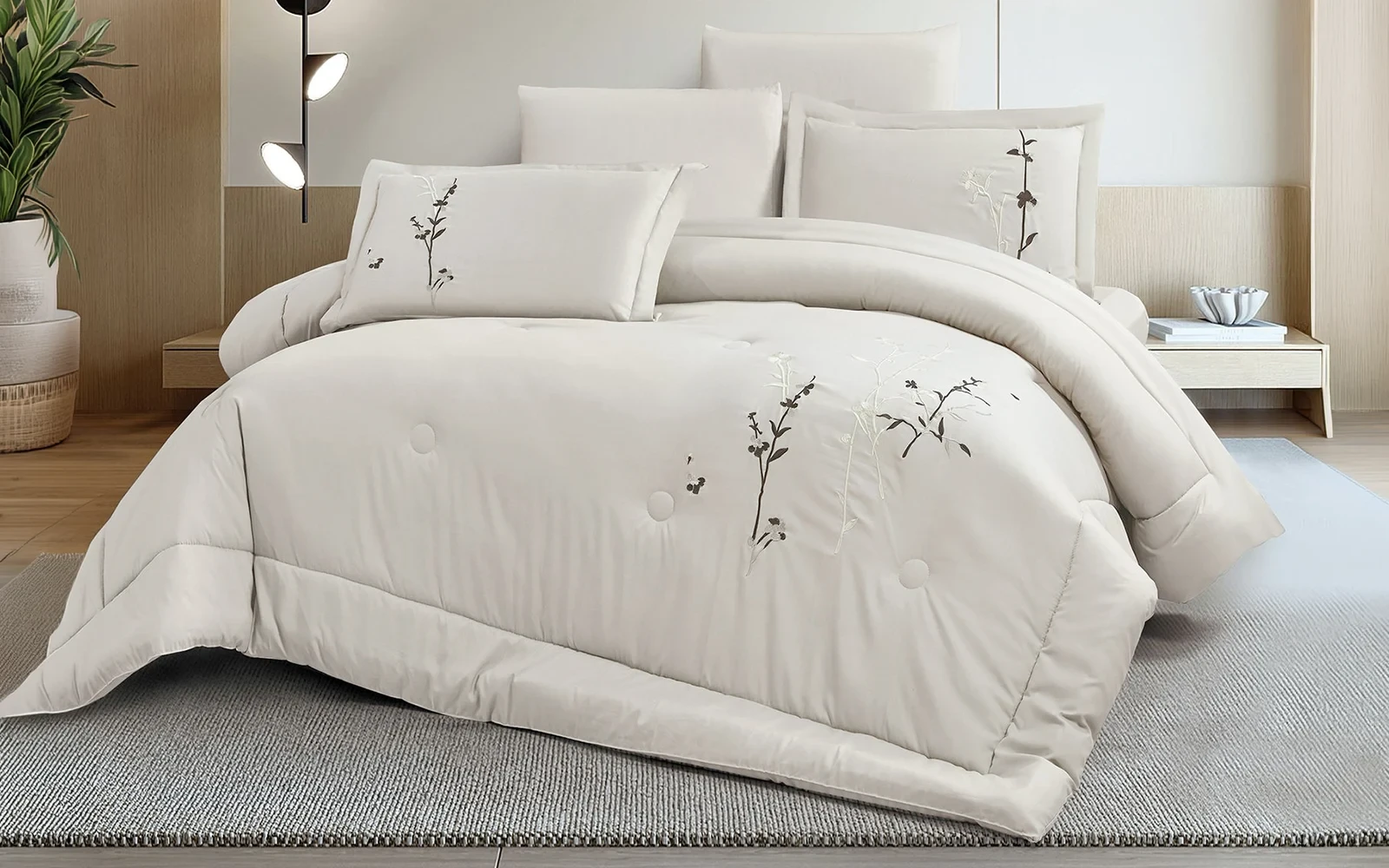 Dora Embroidered Comforter Bedding Set 6 PCS - King L.Beige