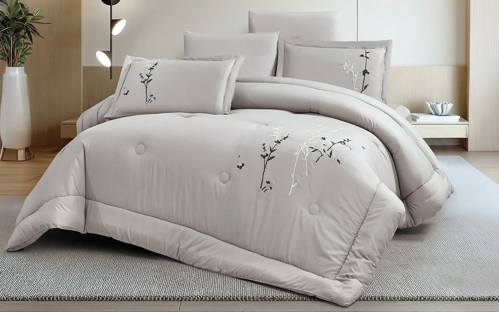 Dora Embroidered Comforter Bedding Set 6 PCS - King Grey