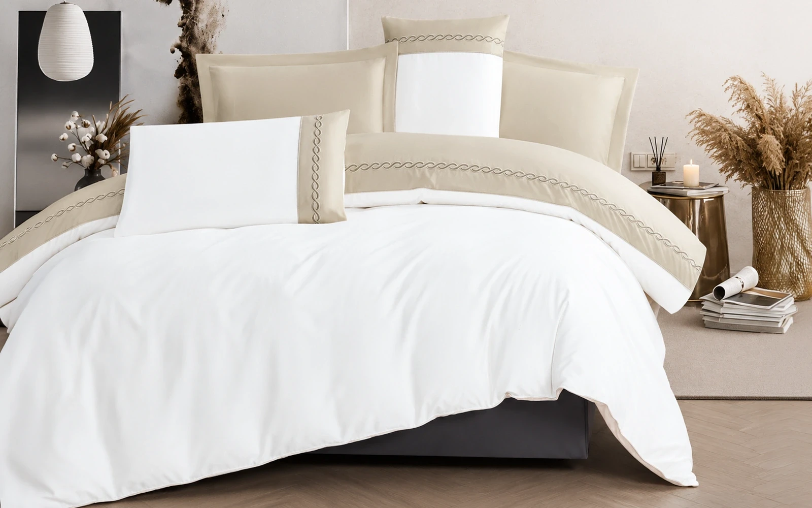 Jose Embroidered Comforter Bedding Set 4 PCS - Single White & Beige
