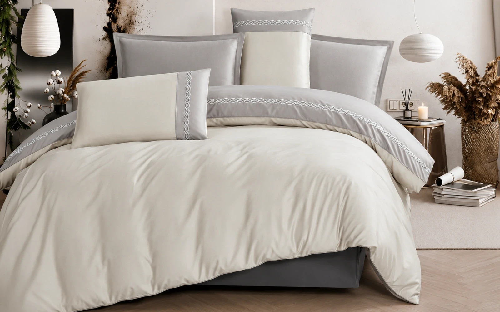 Jose Embroidered Comforter Bedding Set 4 PCS - Single Beige & Grey