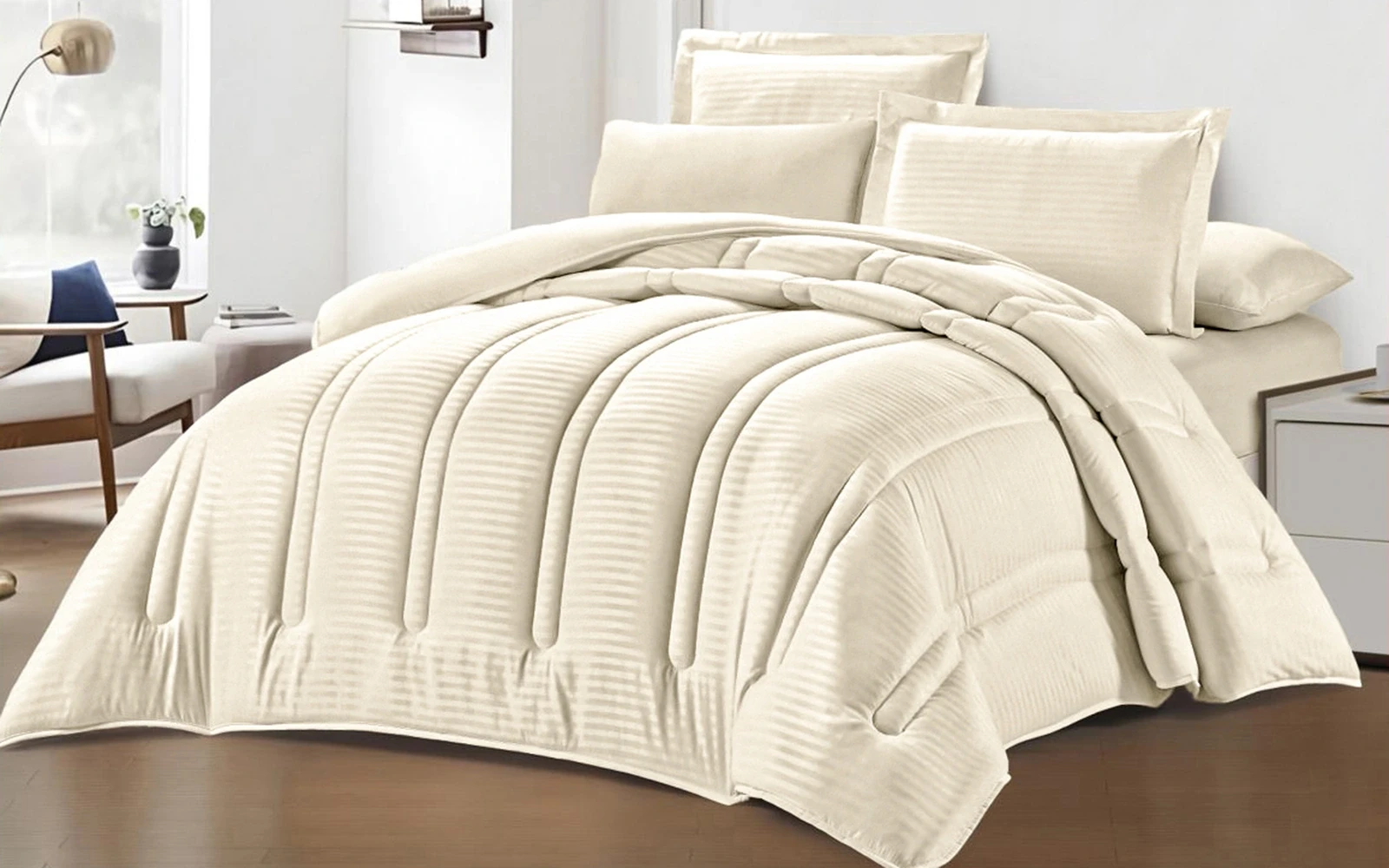 Tella Stripe Comforter Bedding Set 6 PCS - King L.Beige