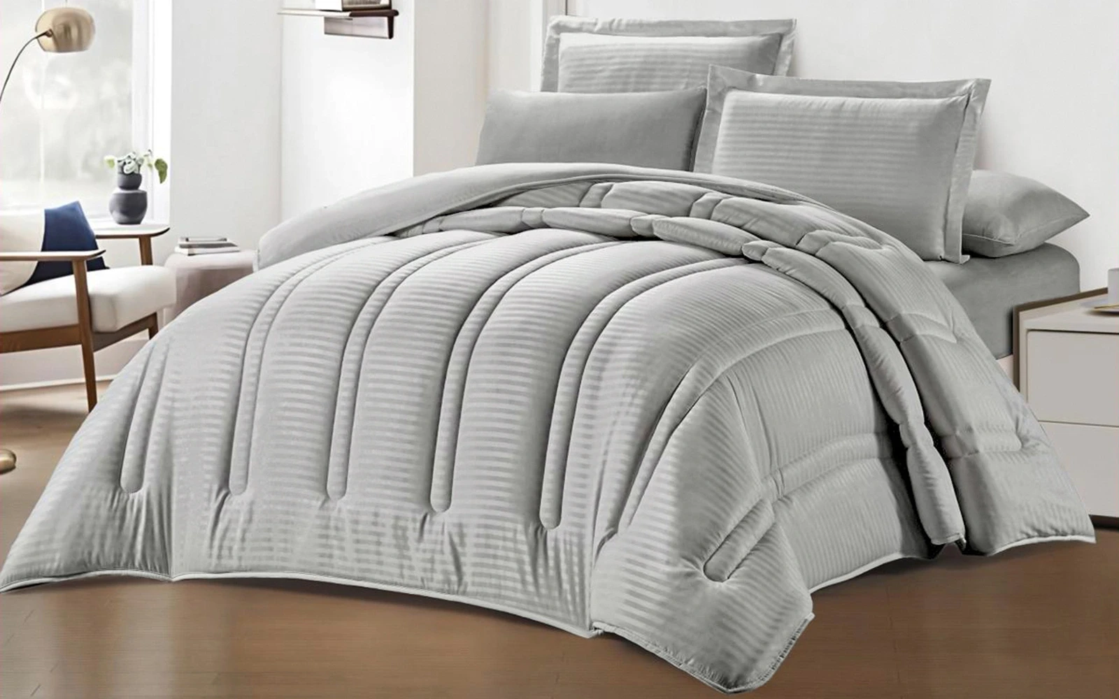Tella Stripe Comforter Bedding Set 6 PCS - King Grey