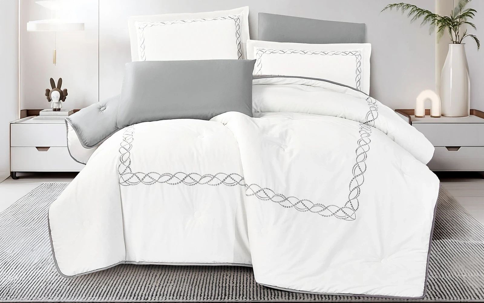 Grace Cotton Embroidered Comforter Bedding Set 6 PCS - Queen White & Grey