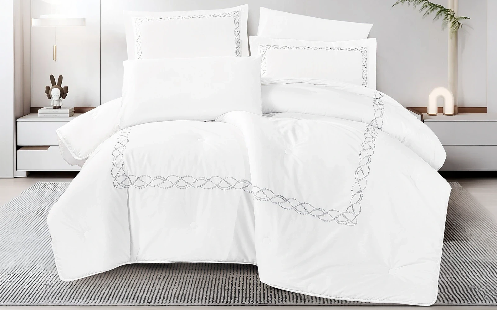 Grace Cotton Embroidered Comforter Bedding Set 6 PCS - Queen White & Silver