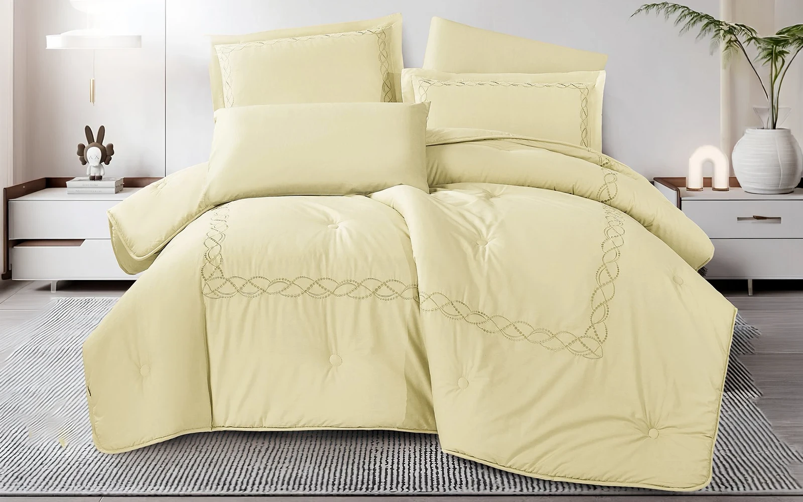 Grace Cotton Embroidered Comforter Bedding Set 6 PCS - Queen Beige