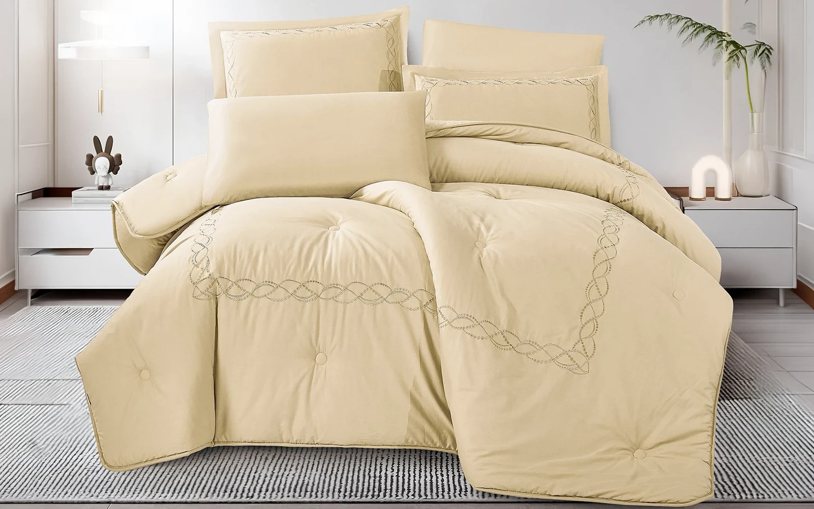 Grace Cotton Embroidered Comforter Bedding Set 6 PCS - Queen D.Beige