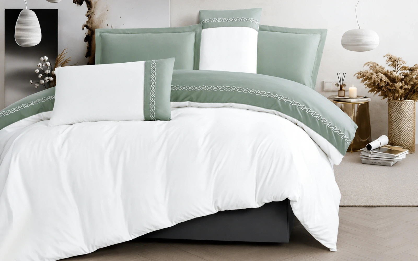 Jose Embroidered Duvet Cover Set Without Filling 6 PCS - King White & Mint