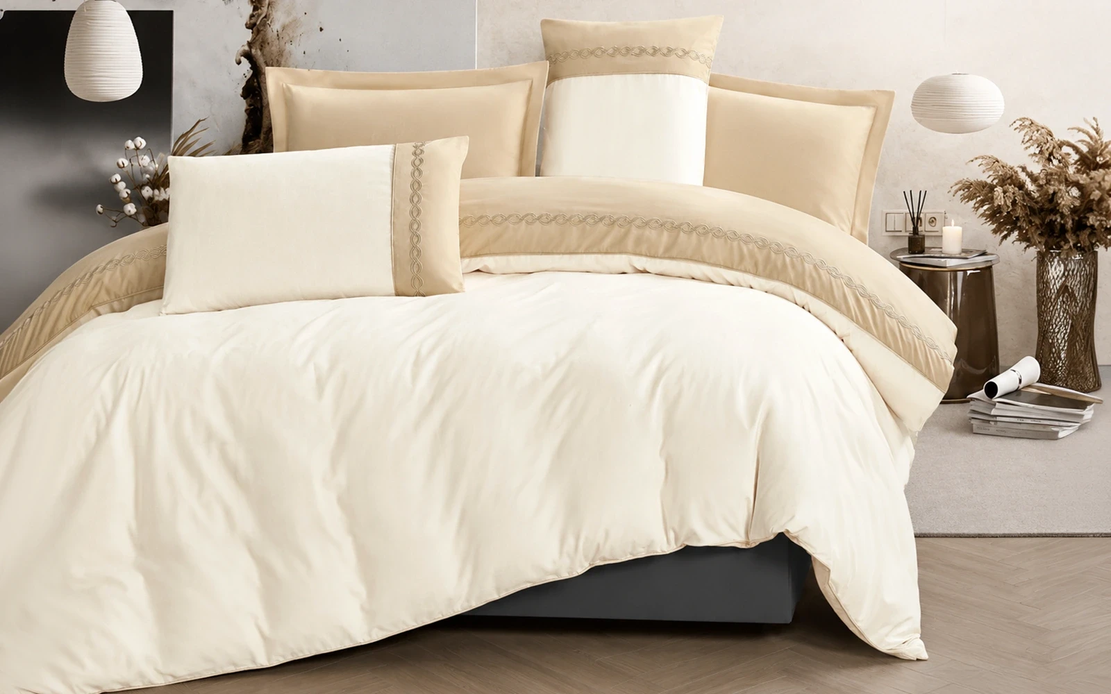 Jose Embroidered Duvet Cover Set Without Filling 6 PCS - King Cream & Beige