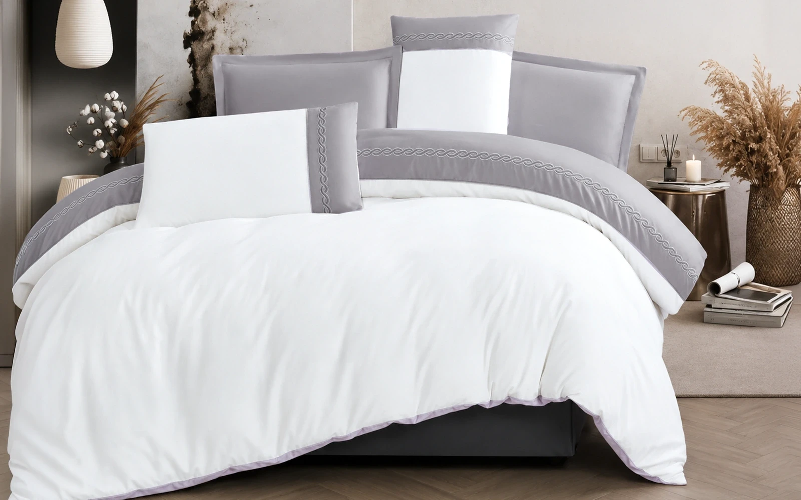 Jose Embroidered Duvet Cover Set Without Filling 6 PCS - King White & Grey