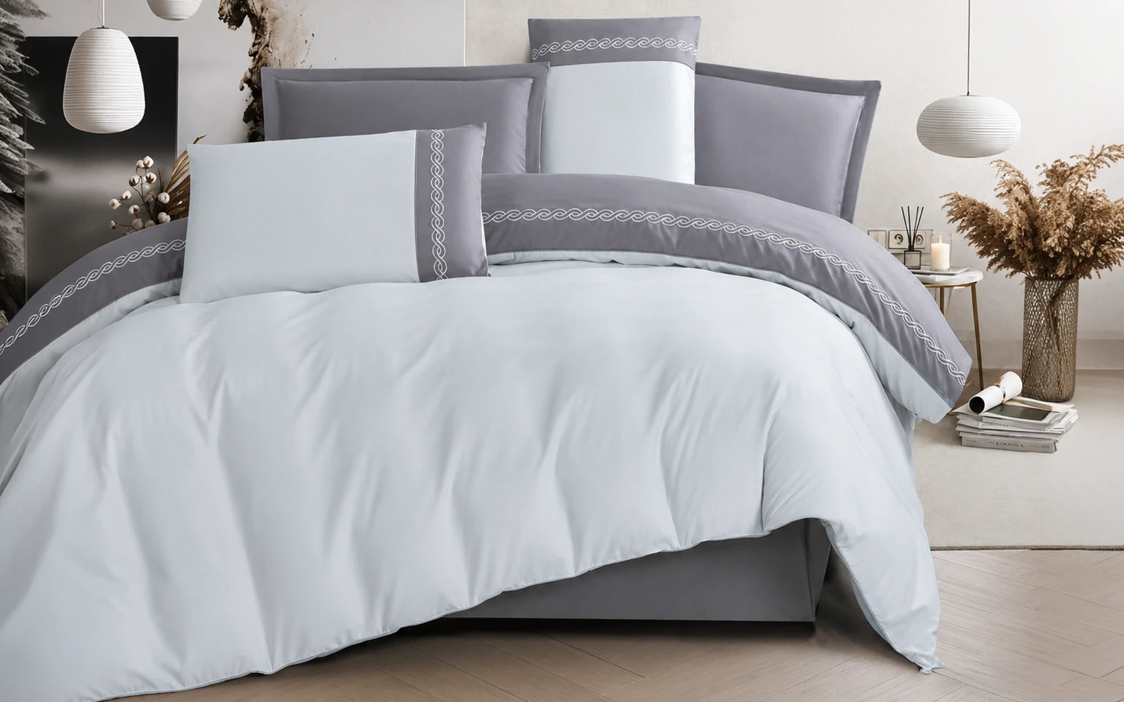 Jose Embroidered Duvet Cover Set Without Filling 6 PCS - King Silver & D.Grey