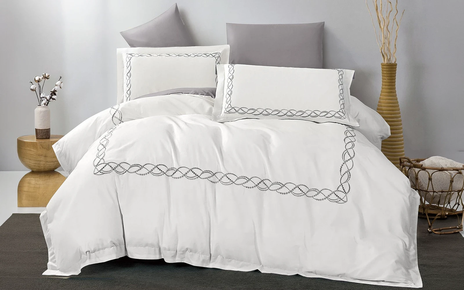 Grace Cotton Embroidered Duvet Cover Set Without Filling 6 PCS - Queen White & Grey