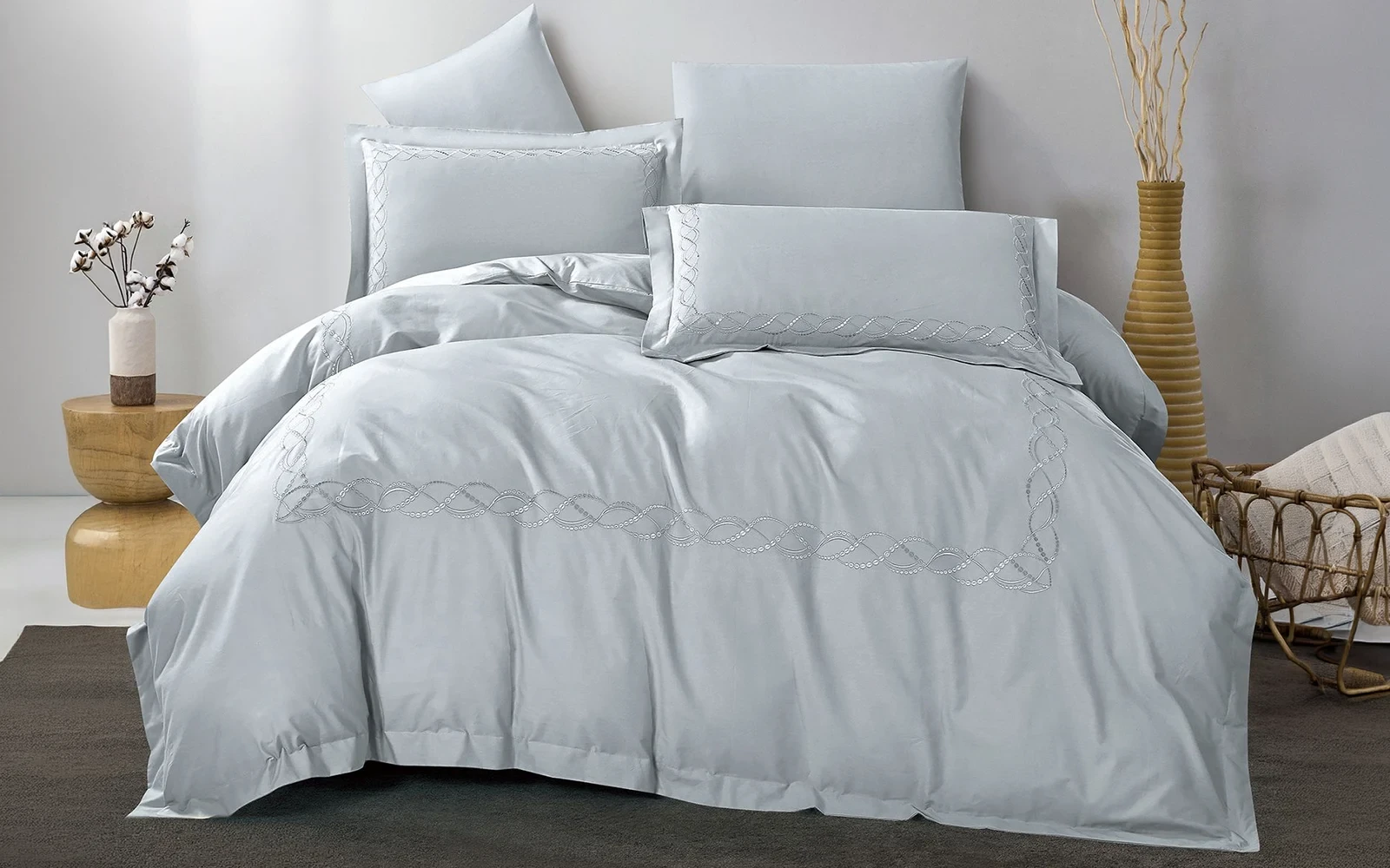 Grace Cotton Embroidered Duvet Cover Set Without Filling 6 PCS - Queen Silver