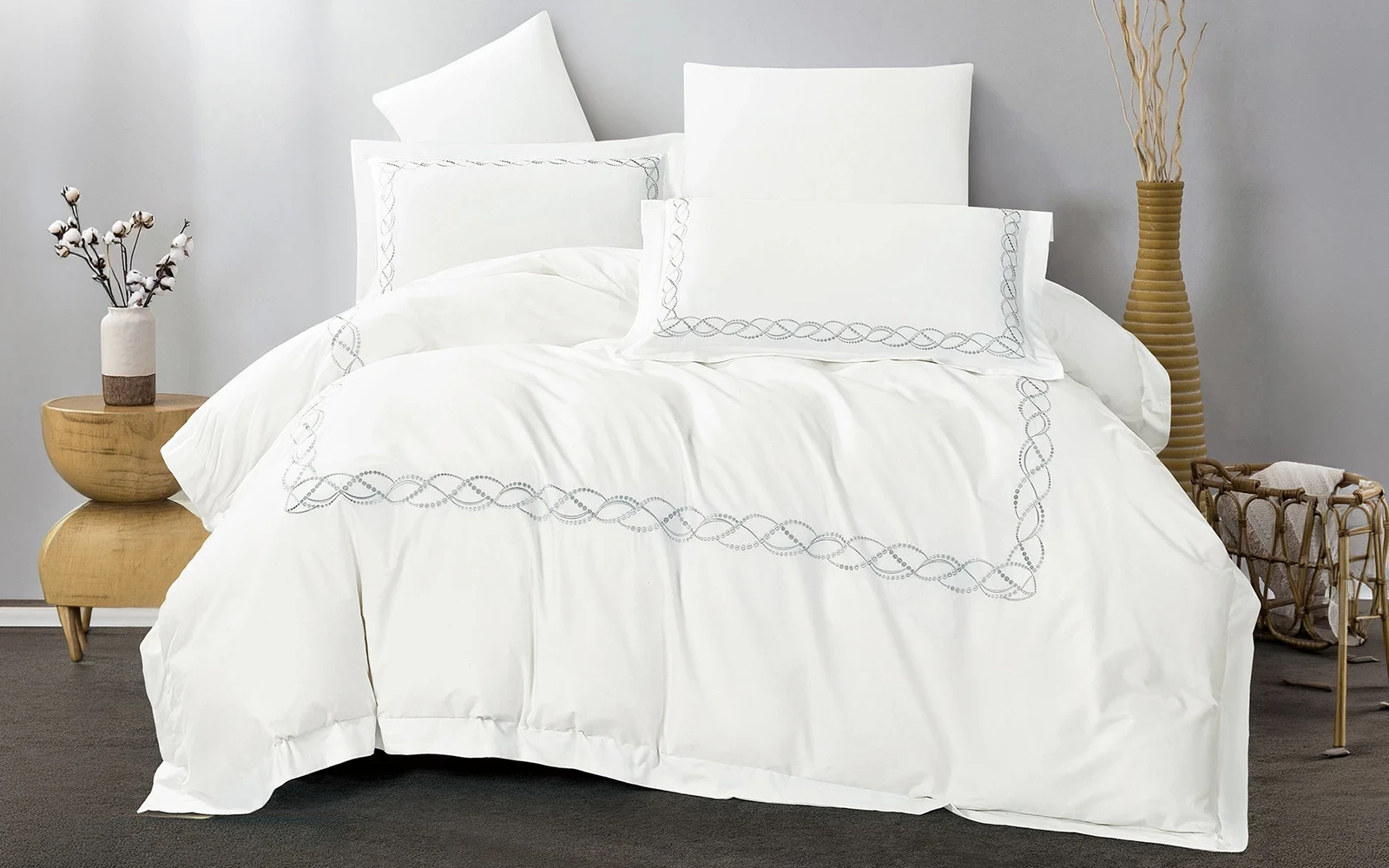 Grace Cotton Embroidered Duvet Cover Set Without Filling 6 PCS - Queen White & Silver