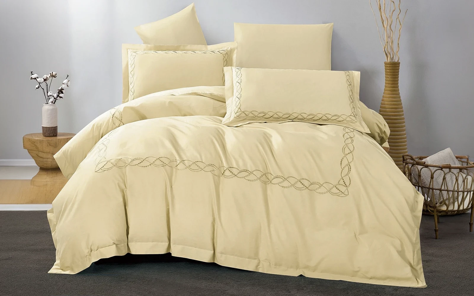 Grace Cotton Embroidered Duvet Cover Set Without Filling 6 PCS - Queen Beige
