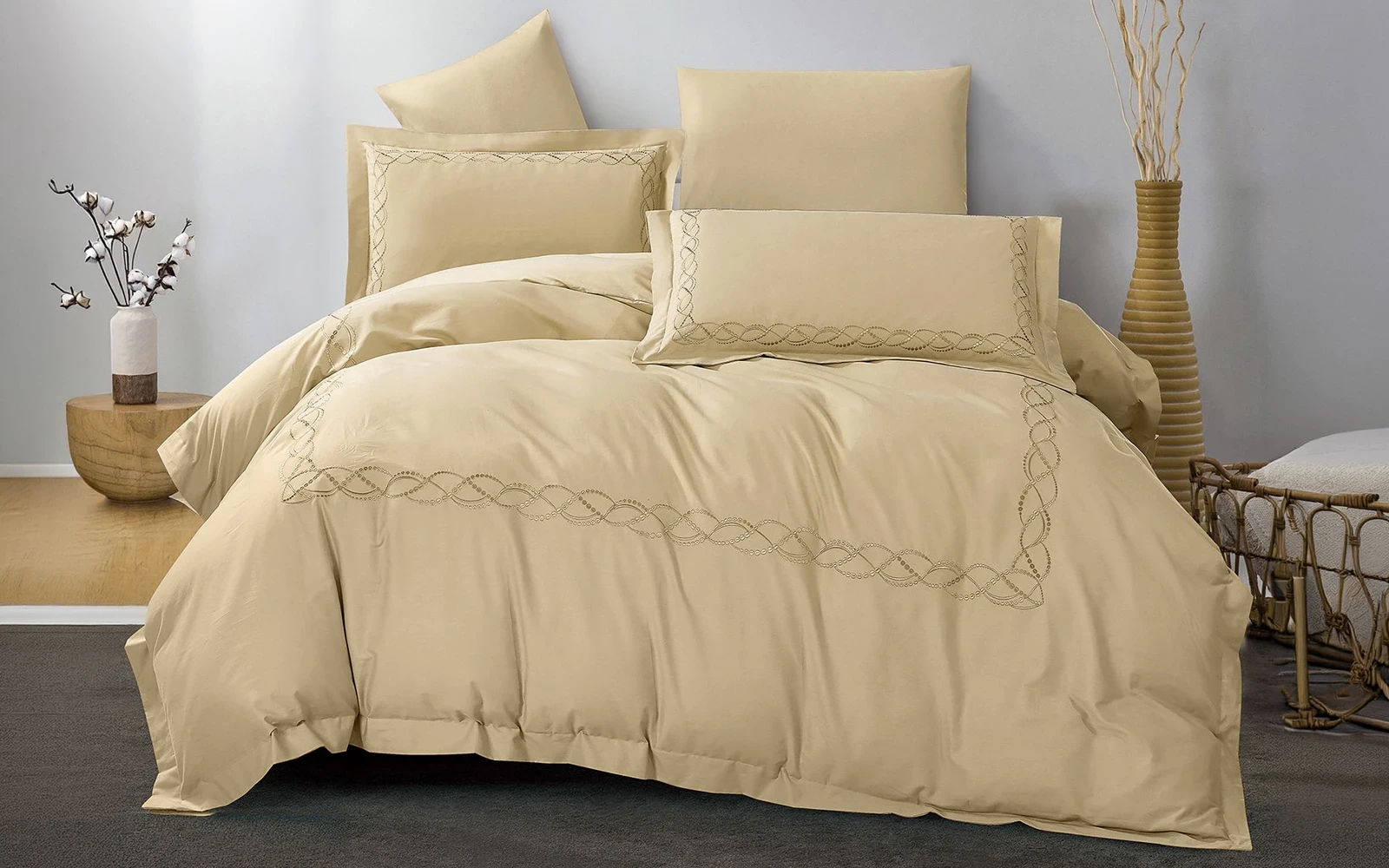 Grace Cotton Embroidered Duvet Cover Set Without Filling 6 PCS - Queen D.Beige