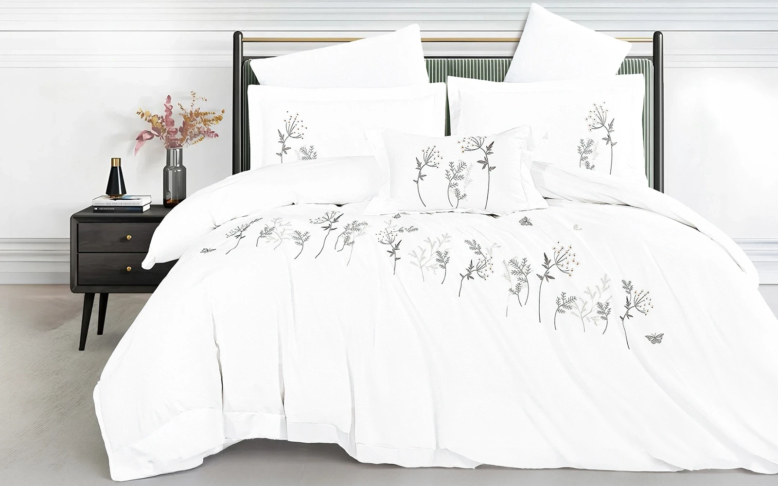 Fiona Cotton Embroidered Duvet Cover Set Without Filling 6 PCS - King White
