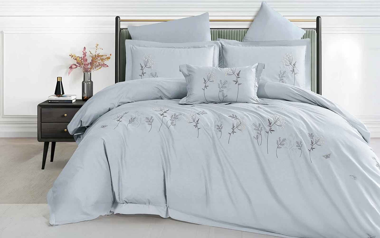 Fiona Cotton Embroidered Duvet Cover Set Without Filling 6 PCS - King Silver