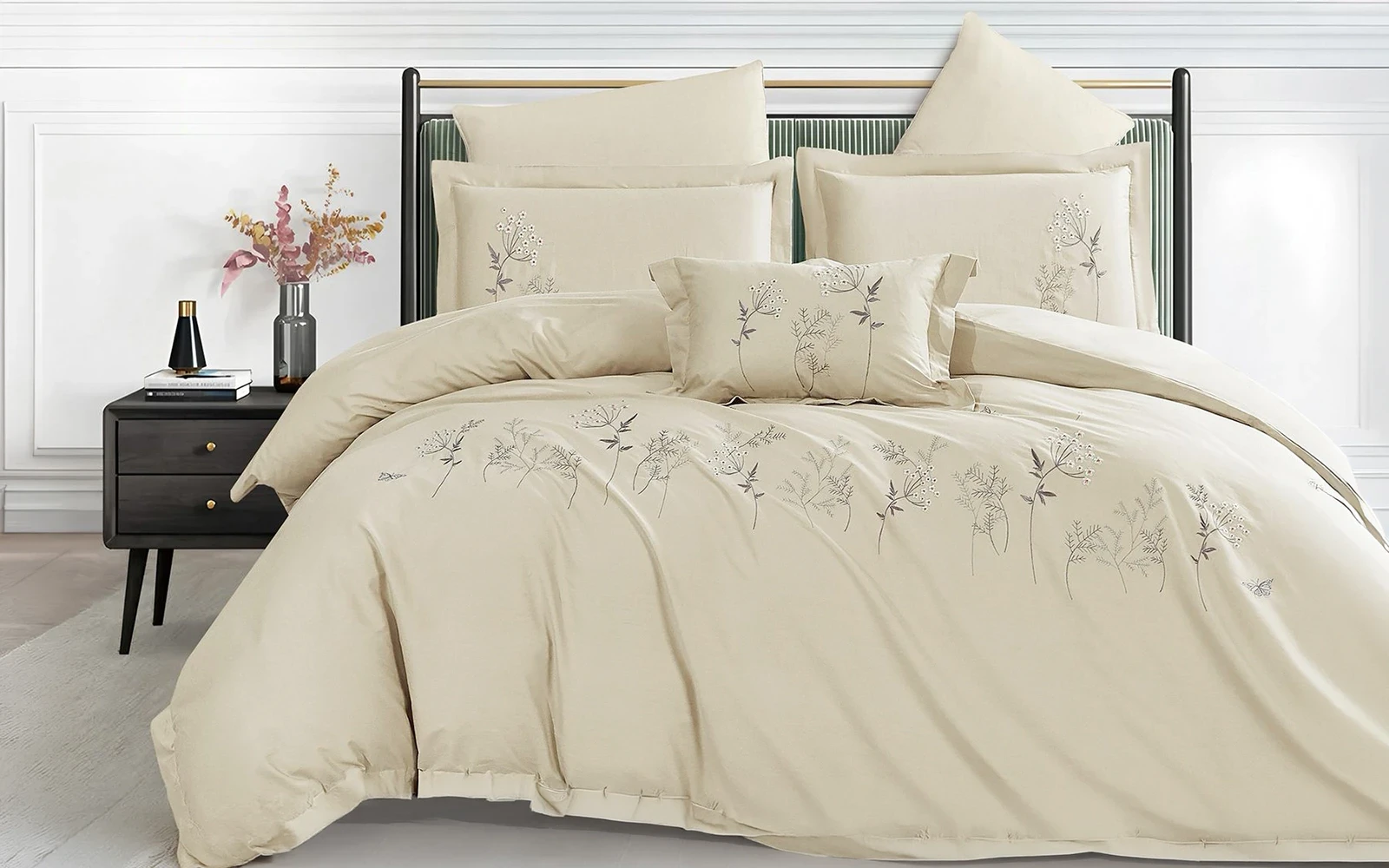 Fiona Cotton Embroidered Duvet Cover Set Without Filling 6 PCS - King L.Beige