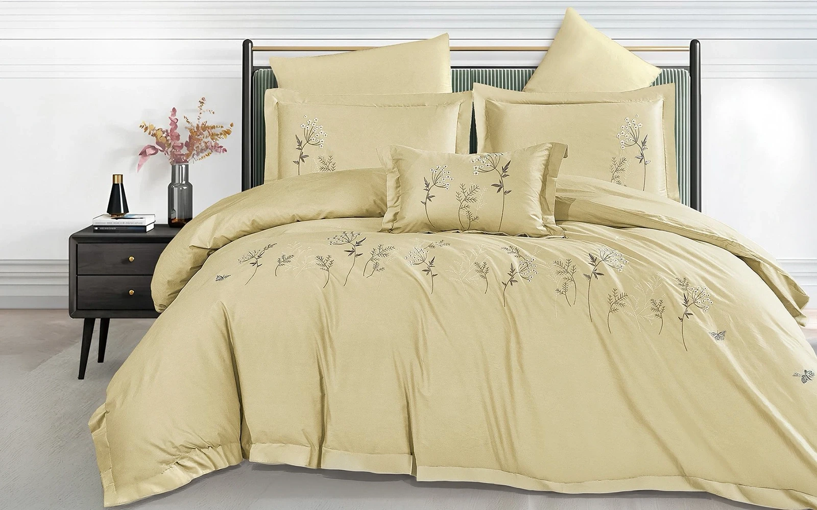 Fiona Cotton Embroidered Duvet Cover Set Without Filling 6 PCS - King Beige