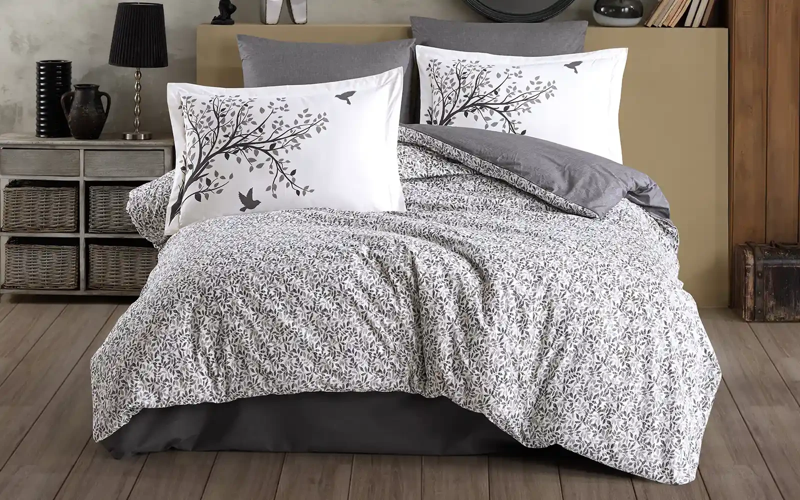 Al Saad Home Turkey Cotton Printed Comforter Bedding Set 4 PCS - Queen White & Grey