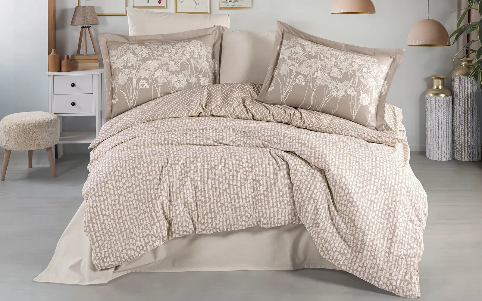 Al Saad Home Turkey Cotton Printed Comforter Bedding Set 4 PCS - Queen White & L.Brown