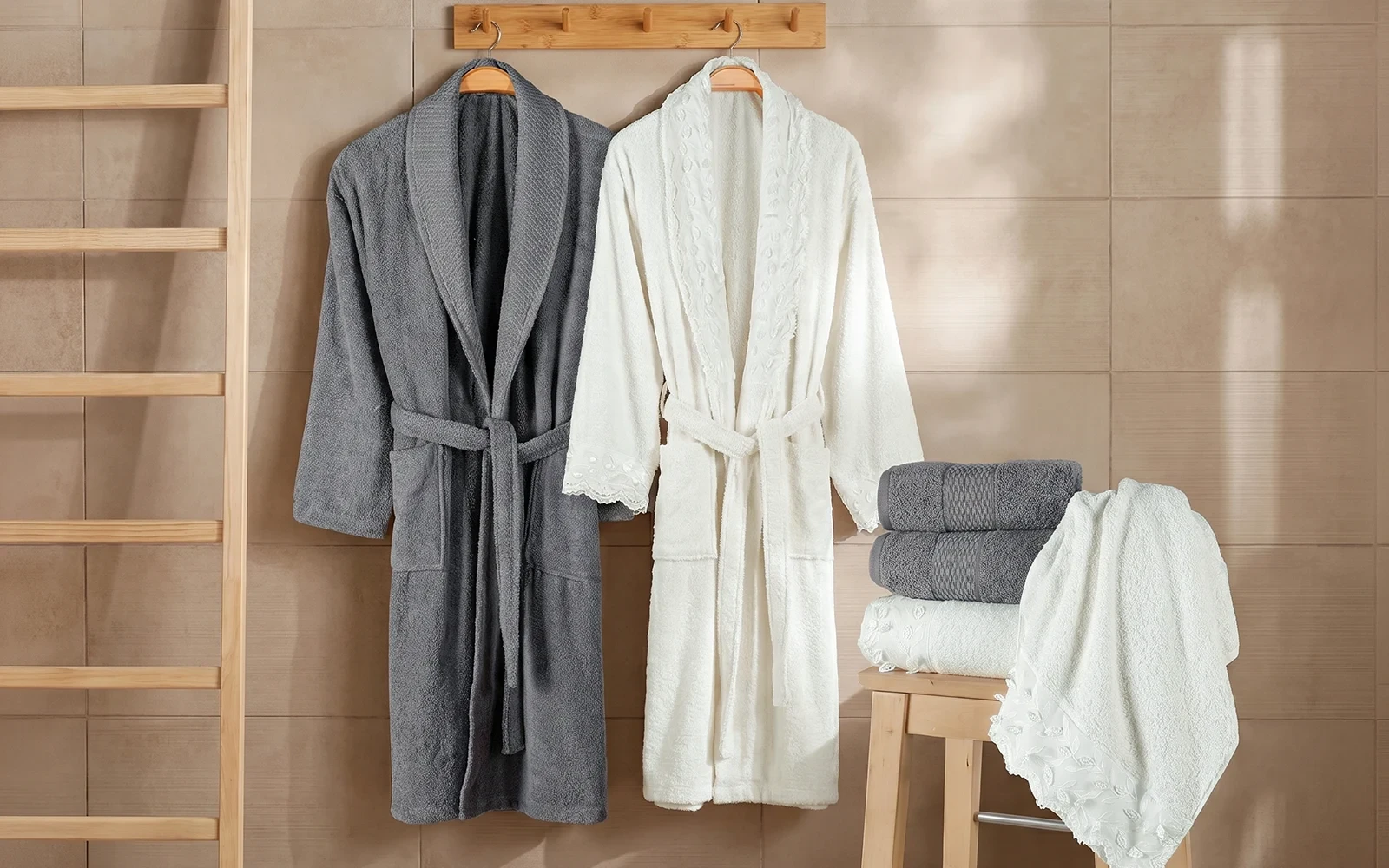 Al Saad Home Unisex Cotton 3D Guipure Boucle Bathrobe Set 6 PCS - Off White & D.Grey