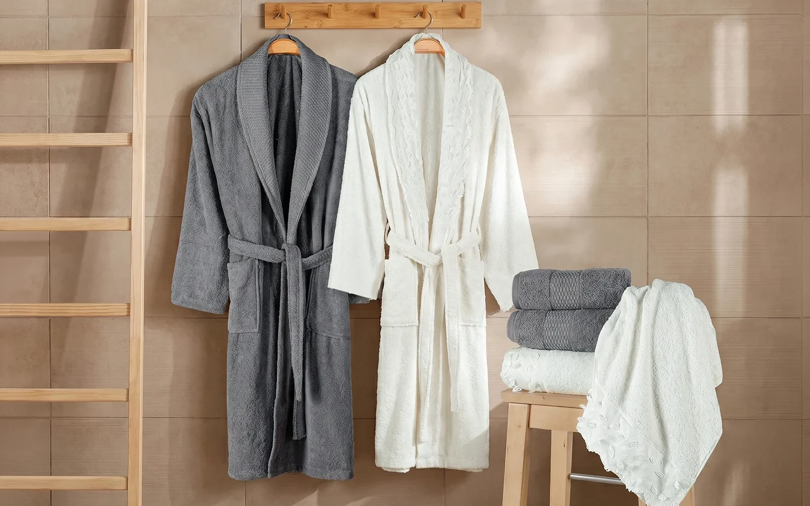 Al Saad Home Unisex Cotton 3D Guipure Boucle Bathrobe Set 6 PCS - Off White & D.Grey