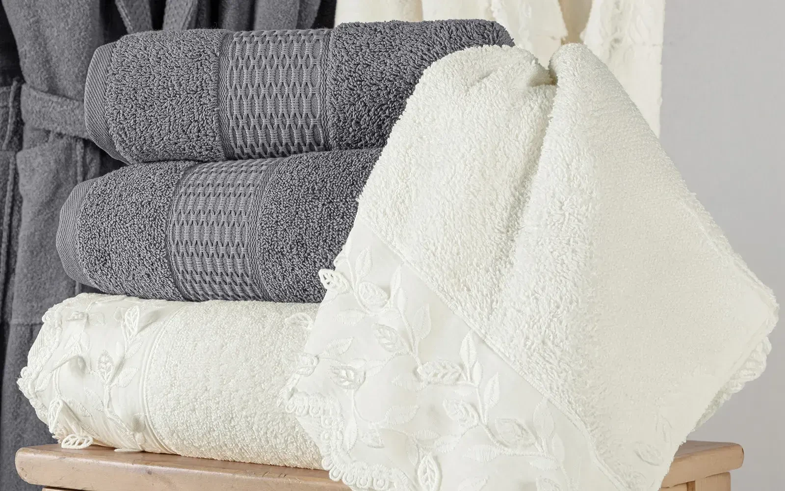 Al Saad Home Unisex Cotton 3D Guipure Boucle Bathrobe Set 6 PCS - Off White & D.Grey