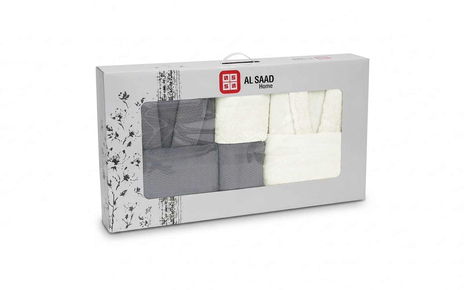 Al Saad Home Unisex Cotton 3D Guipure Boucle Bathrobe Set 6 PCS - Off White & D.Grey
