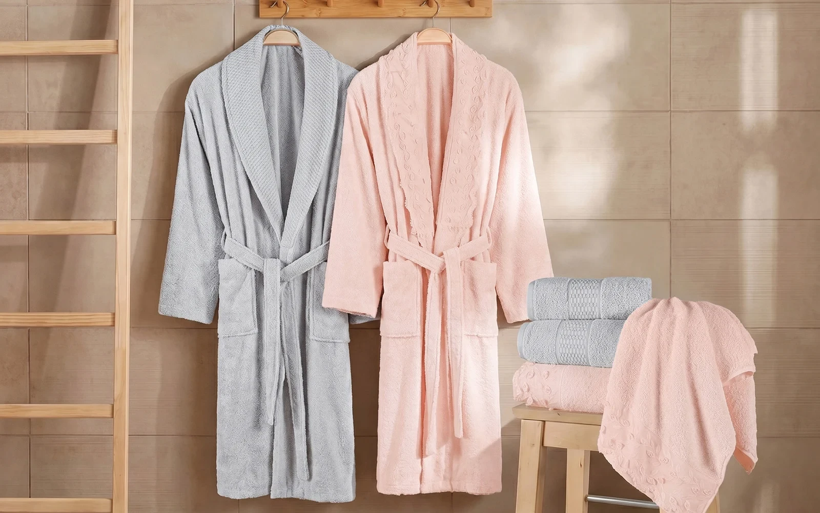 Al Saad Home Unisex Cotton 3D Guipure Boucle Bathrobe Set 6 PCS - Pink & Grey
