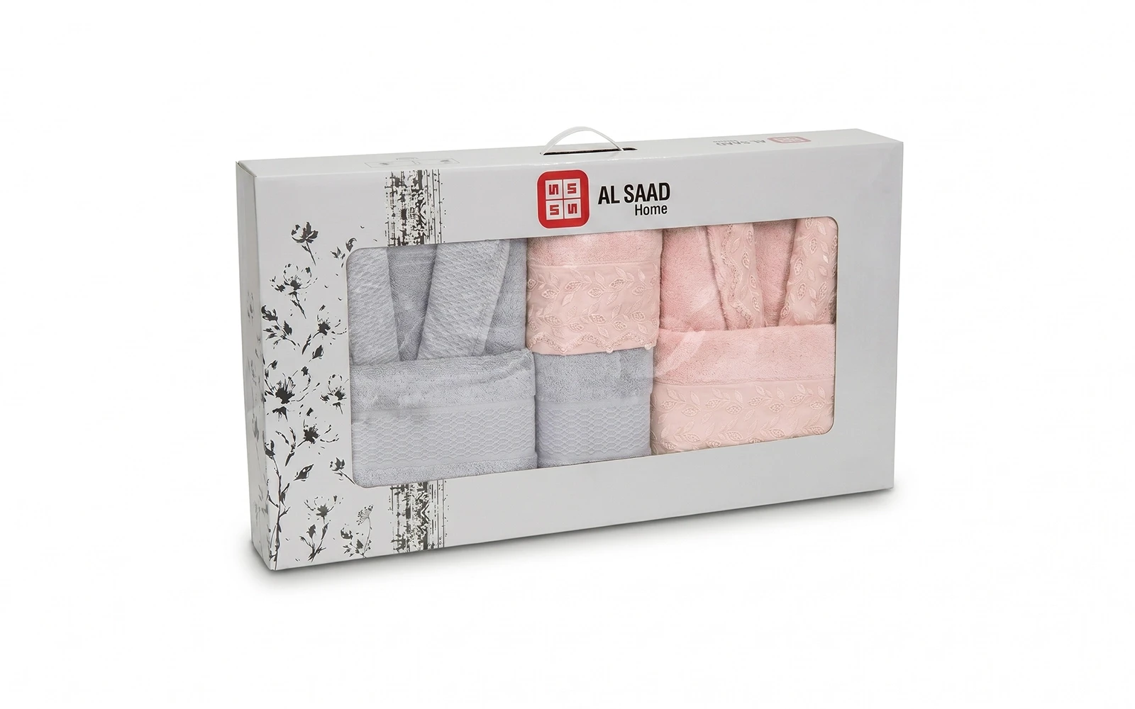 Al Saad Home Unisex Cotton 3D Guipure Boucle Bathrobe Set 6 PCS - Pink & Grey