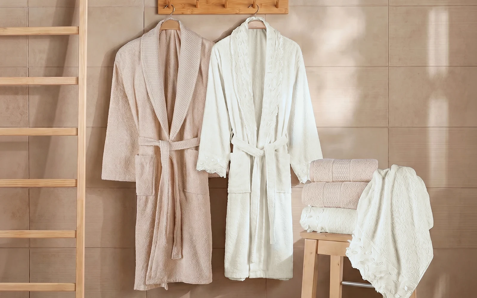 Al Saad Home Unisex Cotton 3D Guipure Boucle Bathrobe Set 6 PCS - Off White & Pudra