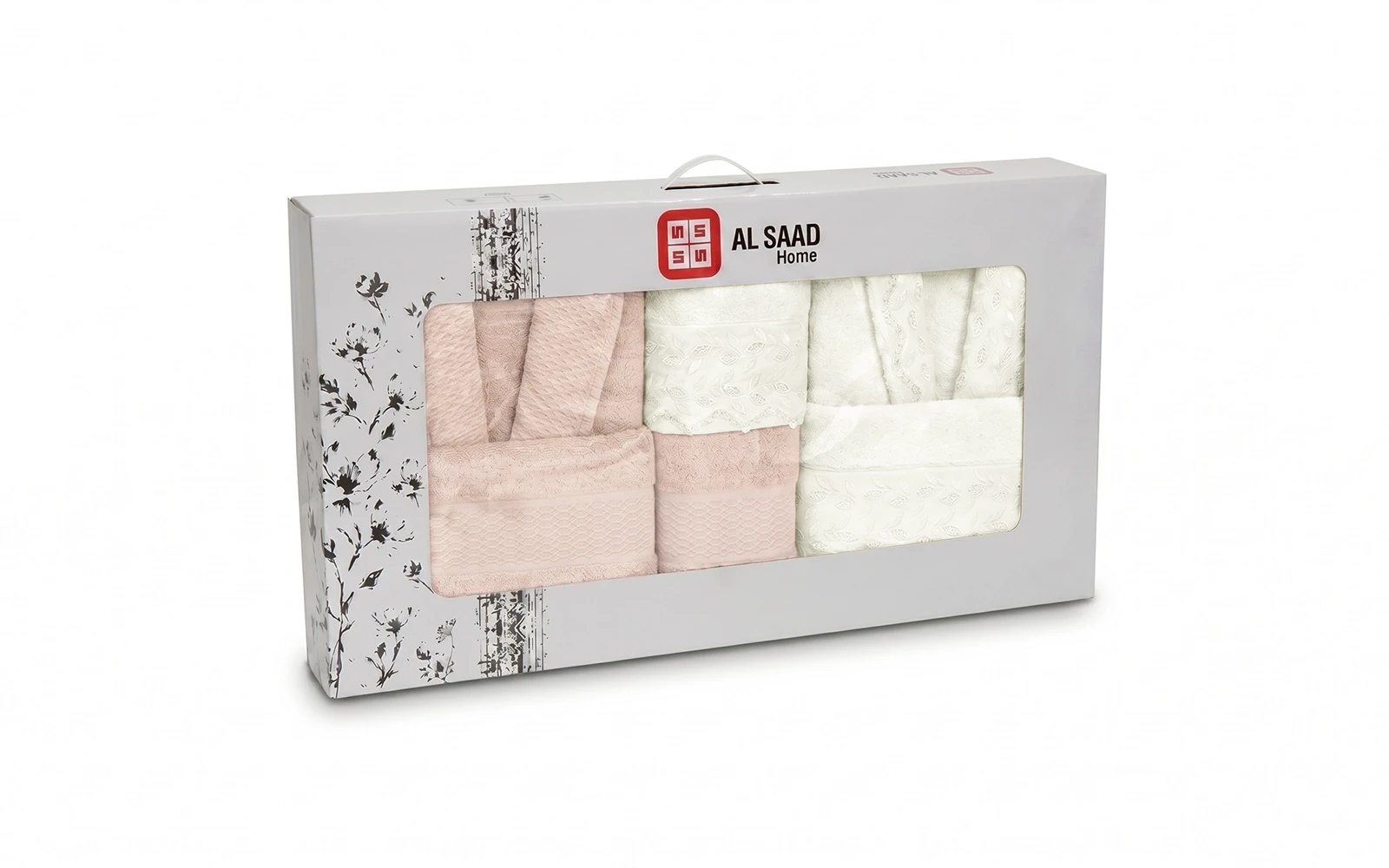 Al Saad Home Unisex Cotton 3D Guipure Boucle Bathrobe Set 6 PCS - Off White & Pudra