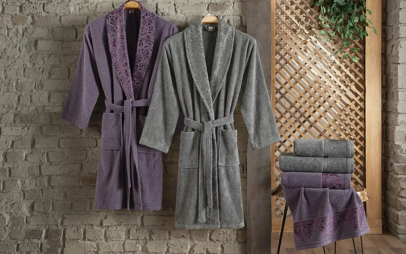 Al Saad Home Unisex Cotton Boucle Jacquard Luxury Bathrobe Set 6 PCS - Purple & Grey