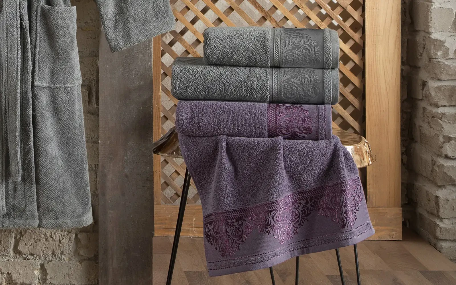 Al Saad Home Unisex Cotton Boucle Jacquard Luxury Bathrobe Set 6 PCS - Purple & Grey