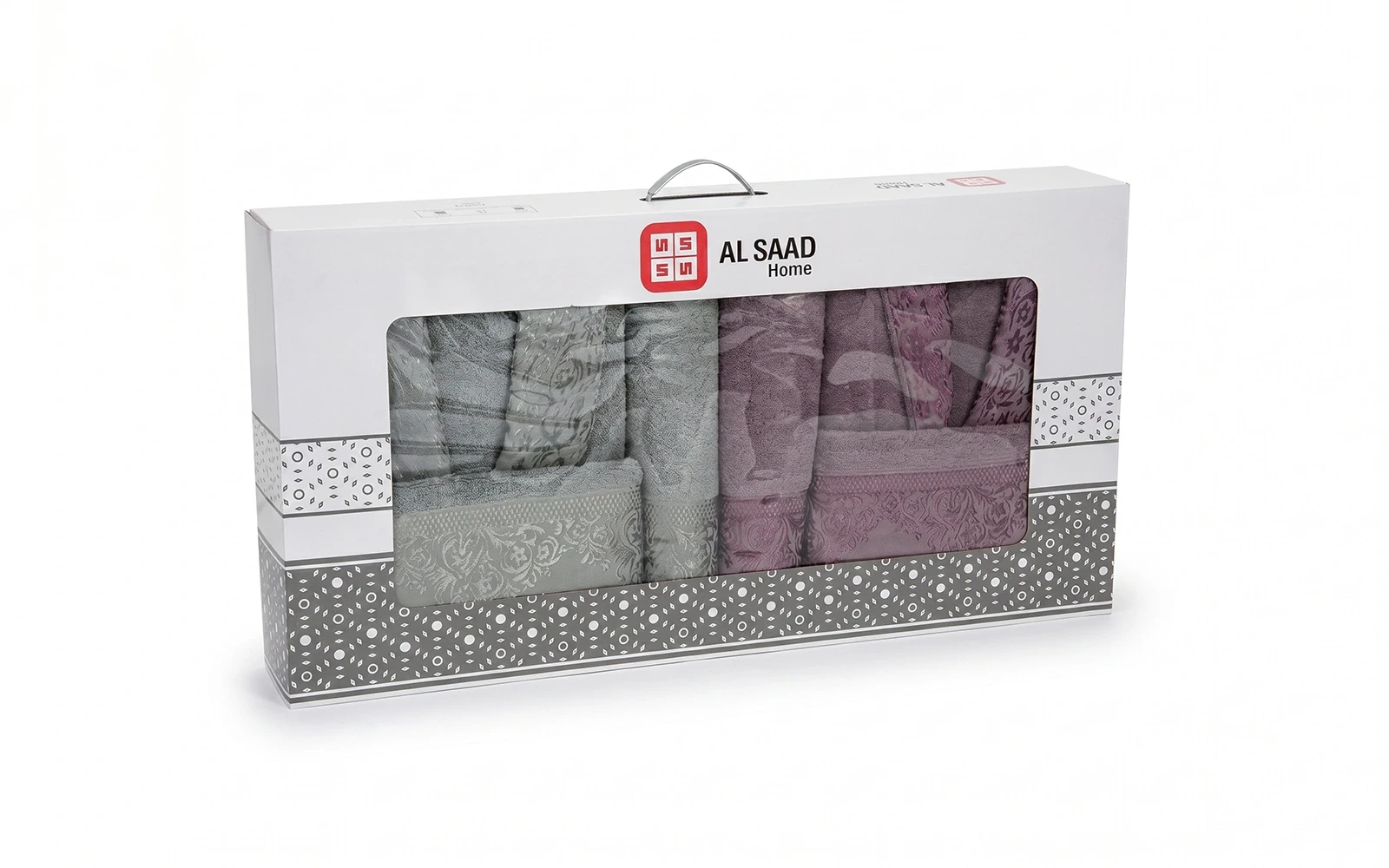 Al Saad Home Unisex Cotton Boucle Jacquard Luxury Bathrobe Set 6 PCS - Purple & Grey
