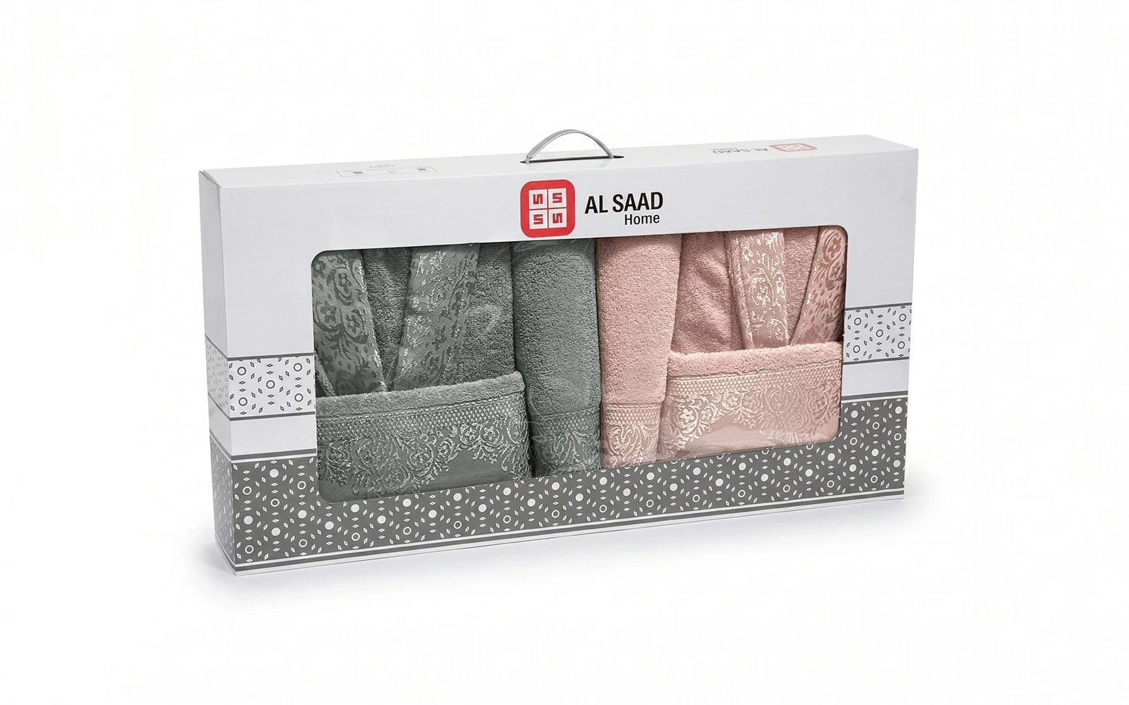 Al Saad Home Unisex Cotton Boucle Jacquard Luxury Bathrobe Set 6 PCS - Pink & Grey