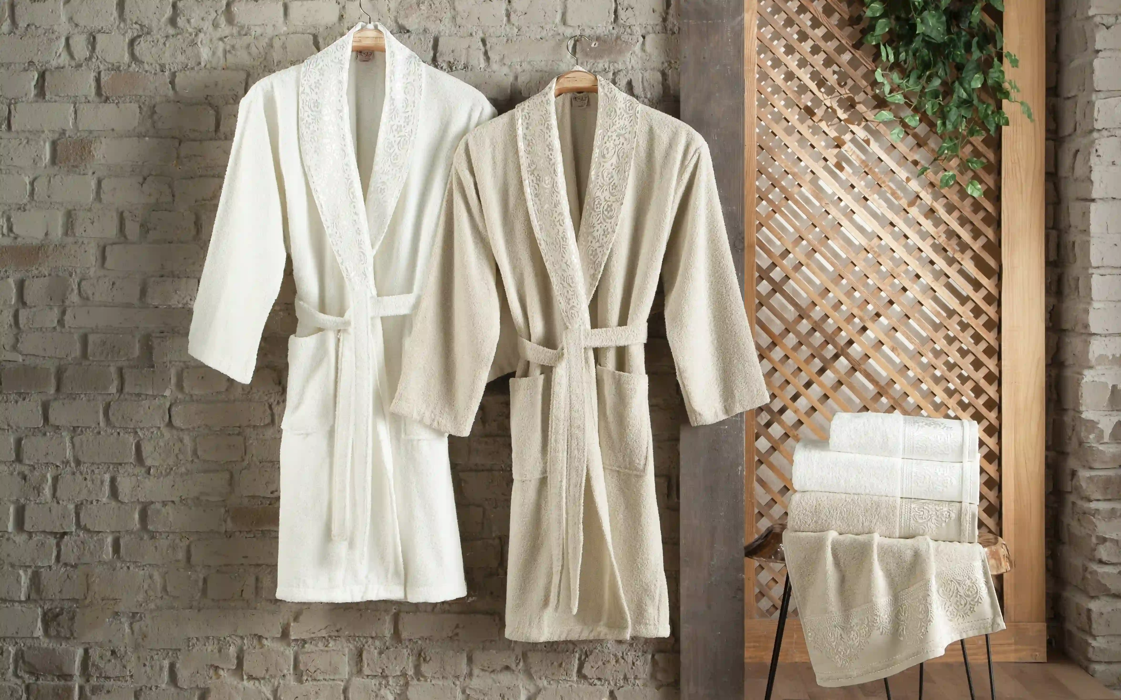 Al Saad Home Unisex Cotton Boucle Jacquard Luxury Bathrobe Set 6 PCS - Off White & Beige
