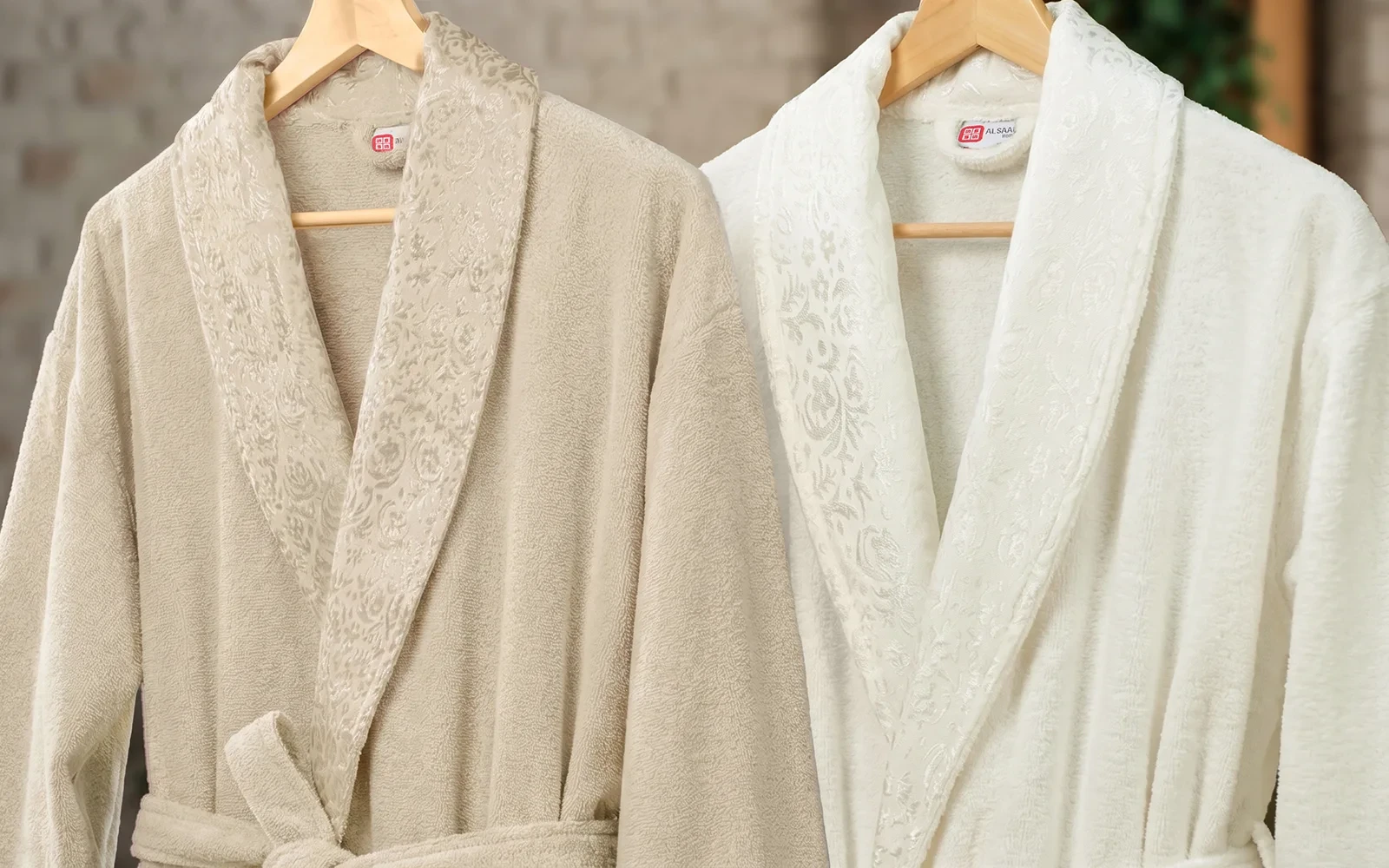 Al Saad Home Unisex Cotton Boucle Jacquard Luxury Bathrobe Set 6 PCS - Off White & Beige